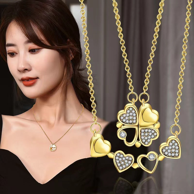 Magnetic Foldable Four Leaf Clover Necklace For Women, Convertible 4 Heart Pendant Collarbone Chain, Dainty Zircon Sweater Chain Fashion Jewelry