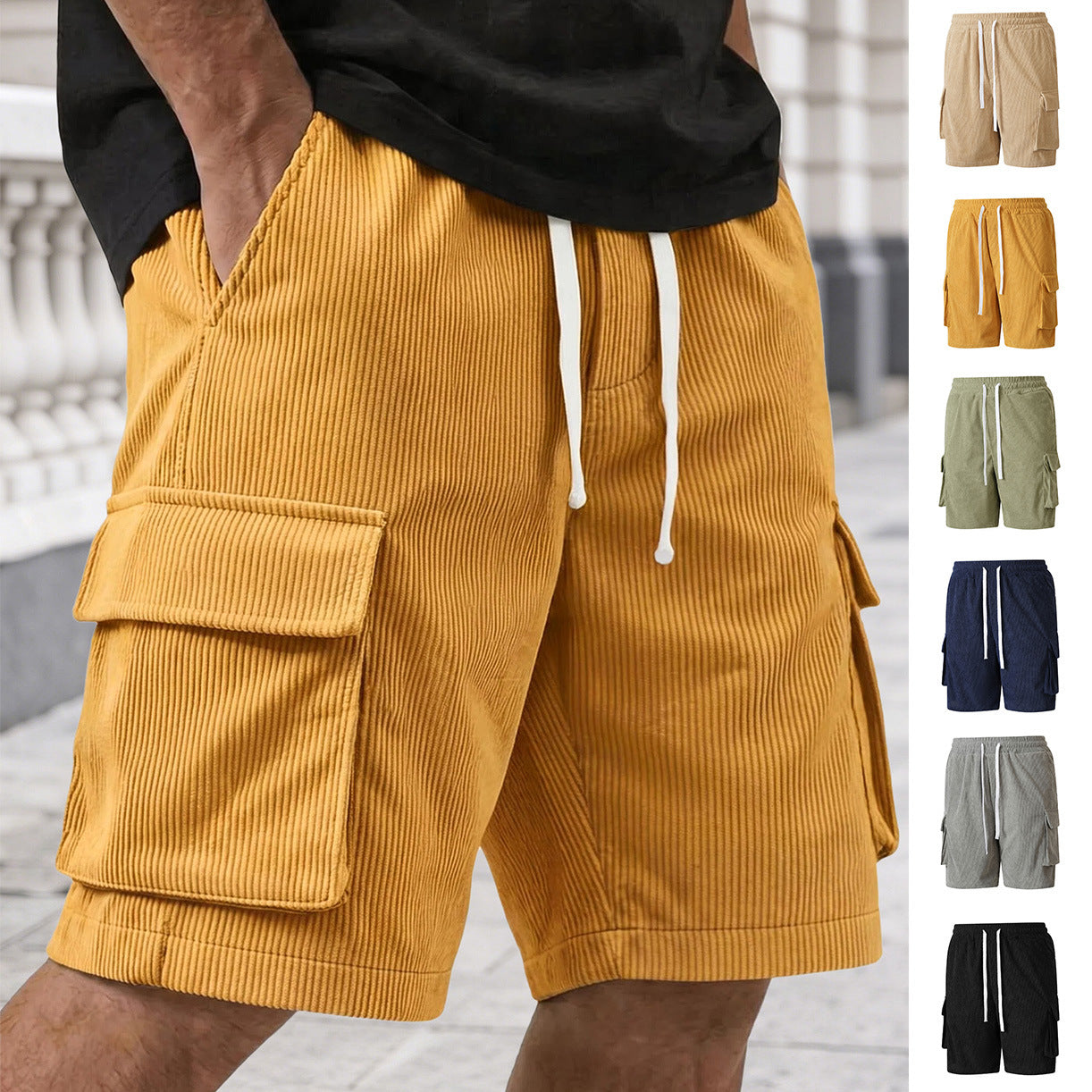 Corduroy Utility Shorts With An Elastic Waist And Drawstring