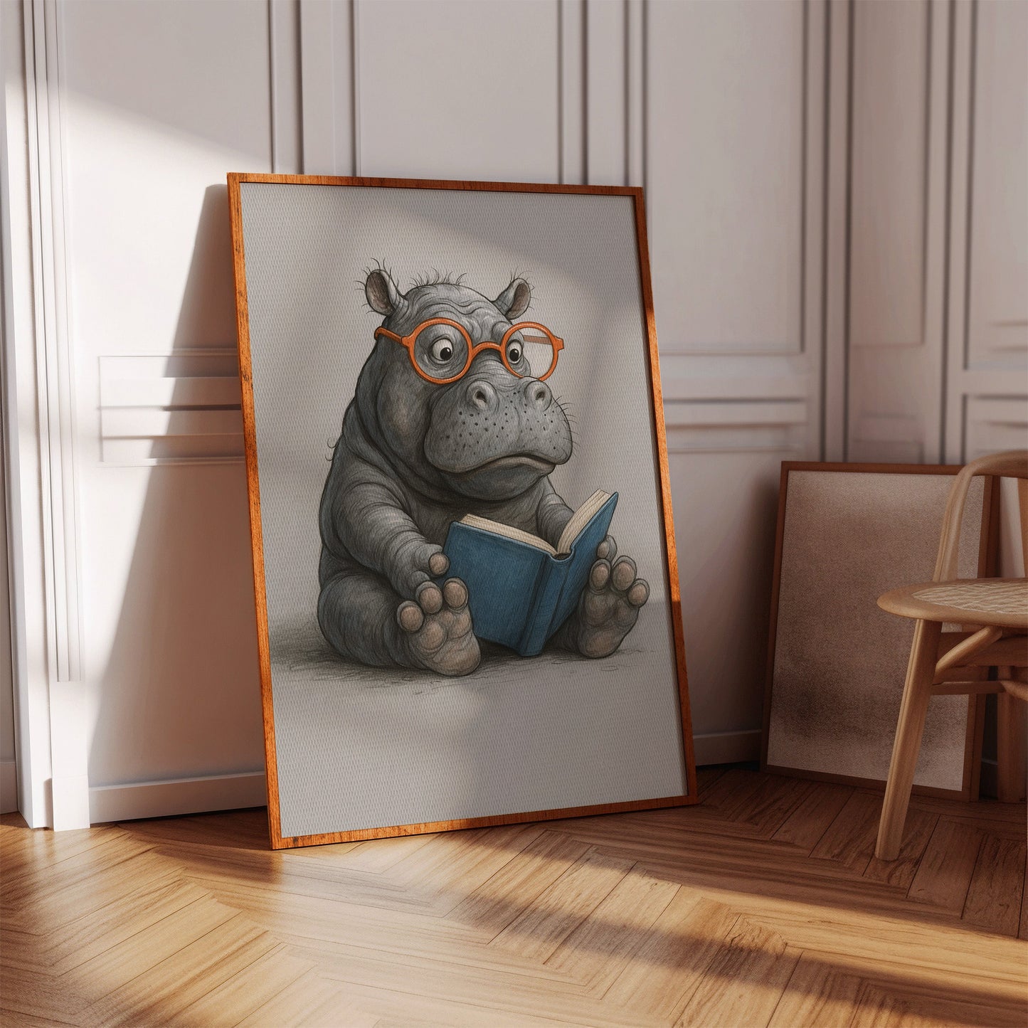 Baby-Nilpferd liest mit Brille