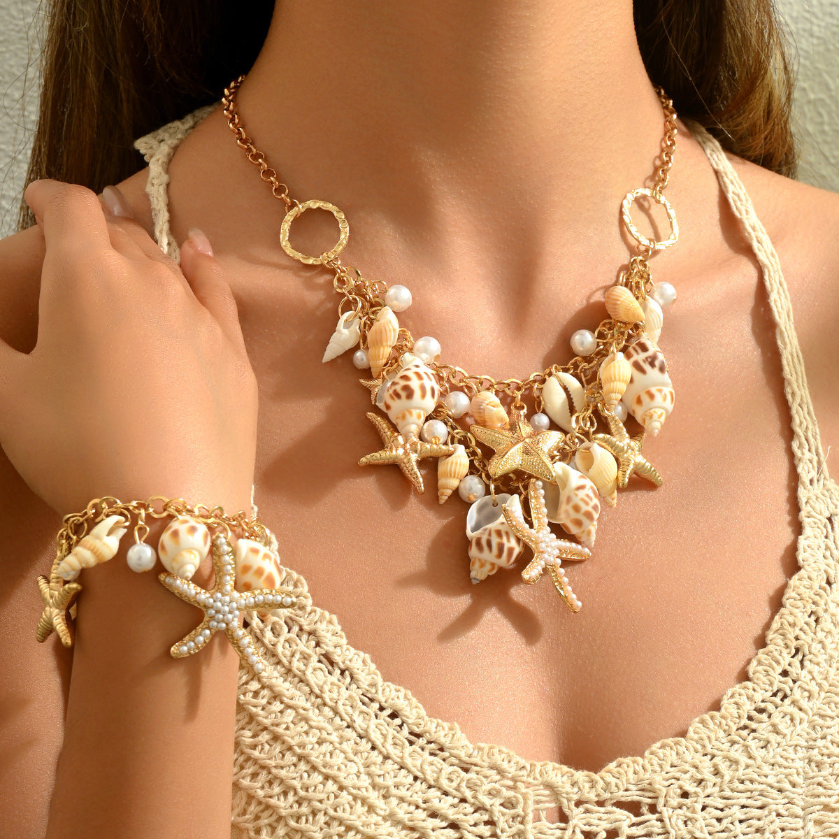 Cross-border European American Ocean Style Women Jewelry Set, Unique Starfish & Shell Inlaid Pearl Design Matching Necklace & Bracelet Accessories