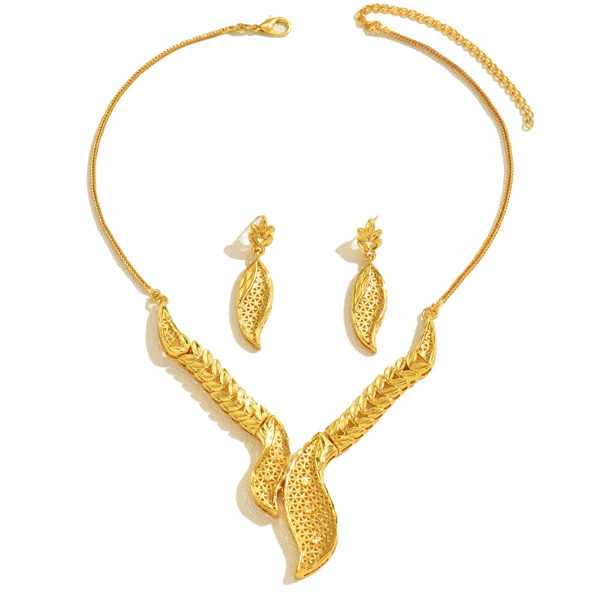 2026 Trendy Bridal Jewelry Set For Women, Niche Openwork Metal Leaf Design, Elegant Matching Pendant Necklace & Stud Earrings For Wedding Occasions