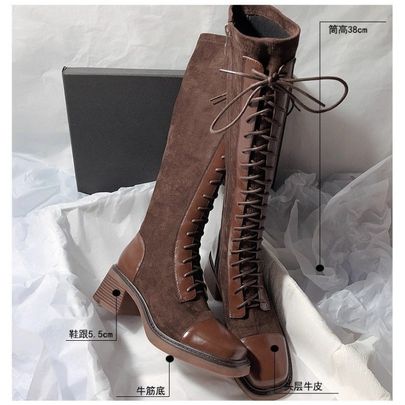 Stitched Round-toe Lace-up High-top Womens Boots