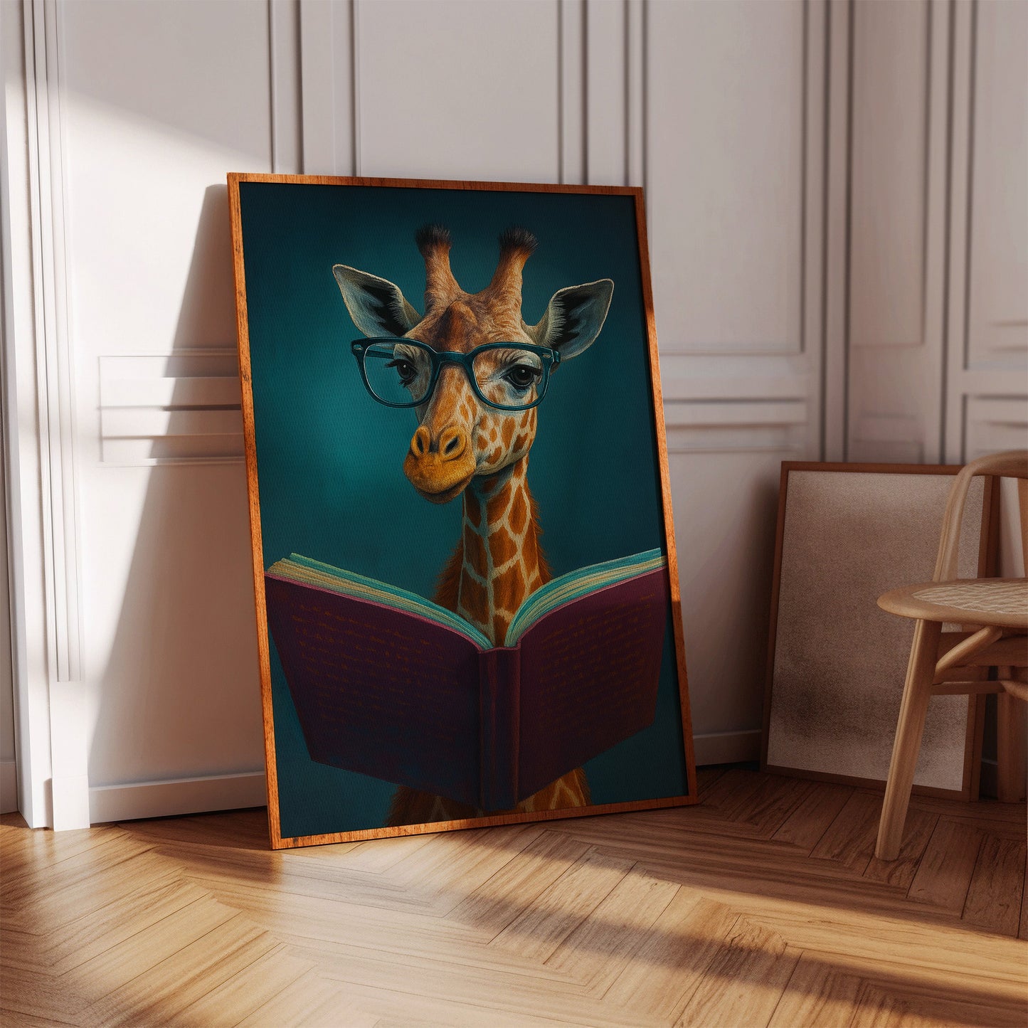 Girafe à lunettes lisant un livre