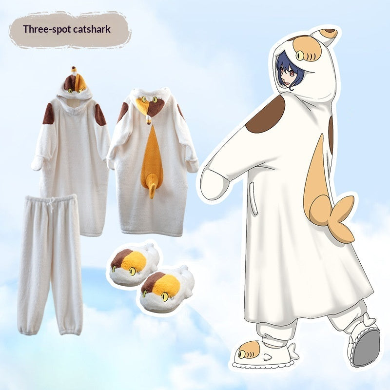 Anime Cartoon Funny Shark And Cat Onesie Pajamas Cute Cozy Loungewear Set
