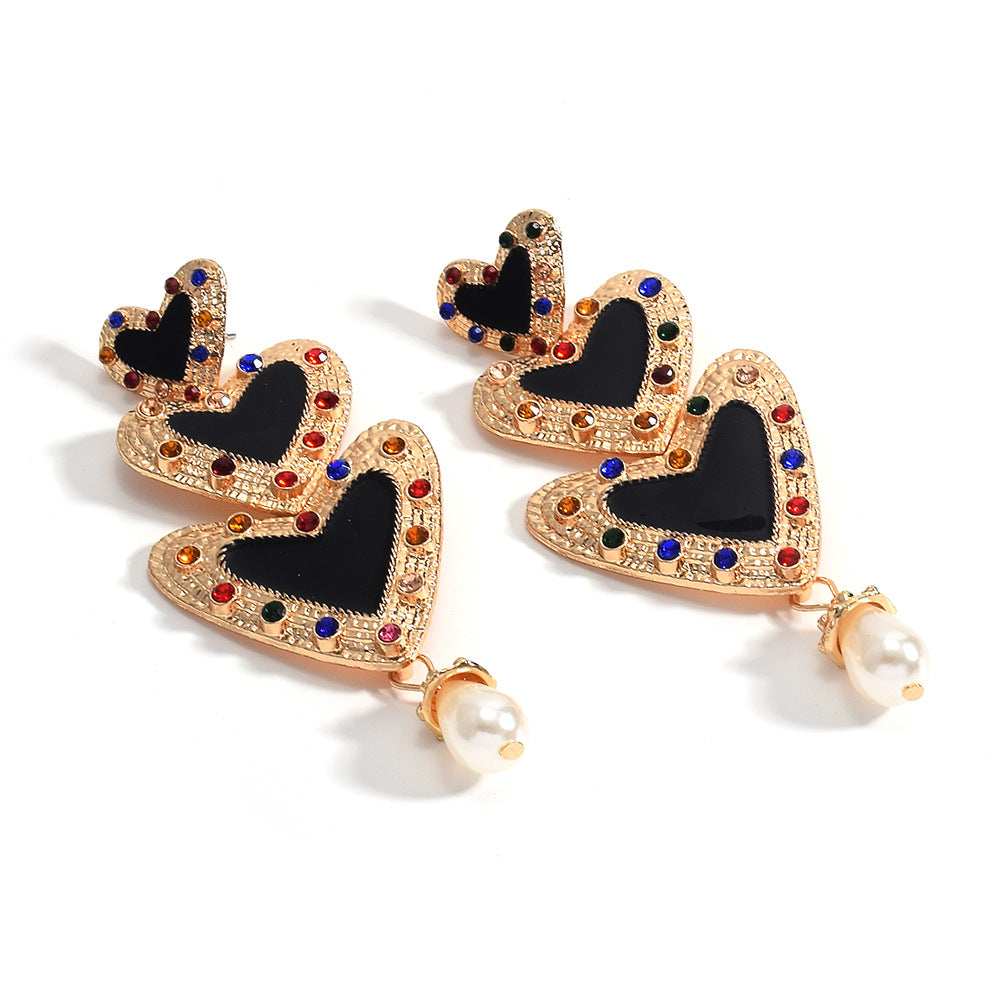 Vintage French Court Style Rhinestone Heart Three Layer Pearl Drop Earrings Exaggerated Dangle Jewelry