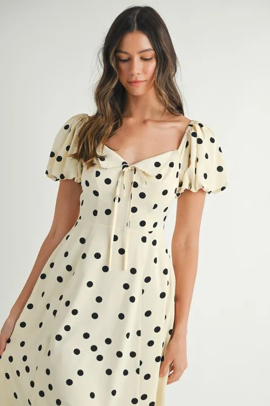 Polka Dot Puff Sleeve Midi Dress For Women – Vintage Fluttering Polka Dot Dress, Feminine Puff Sleeve Dress, Retro Midi Dress, Classic Chic Dress