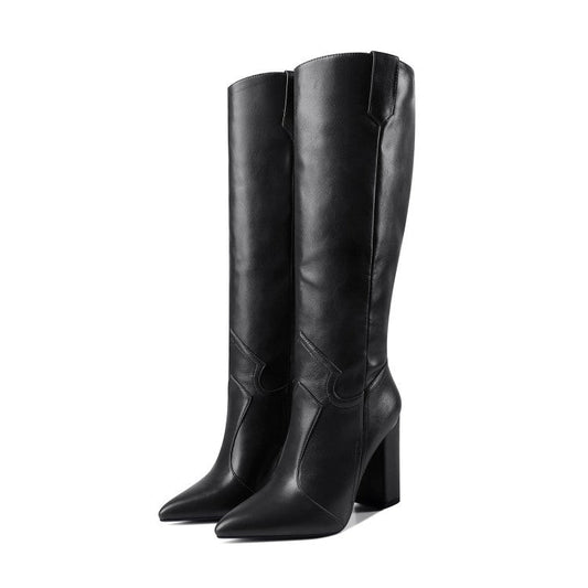 Knee High Boots Women High Heel Casual Shoes Pointed Toe Solid Color Autumn Winter Western Boots Women