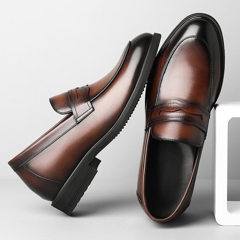 Cowhide Business Formal Wear Men's Slip-on Invisible Height Increasing Leather Shoes