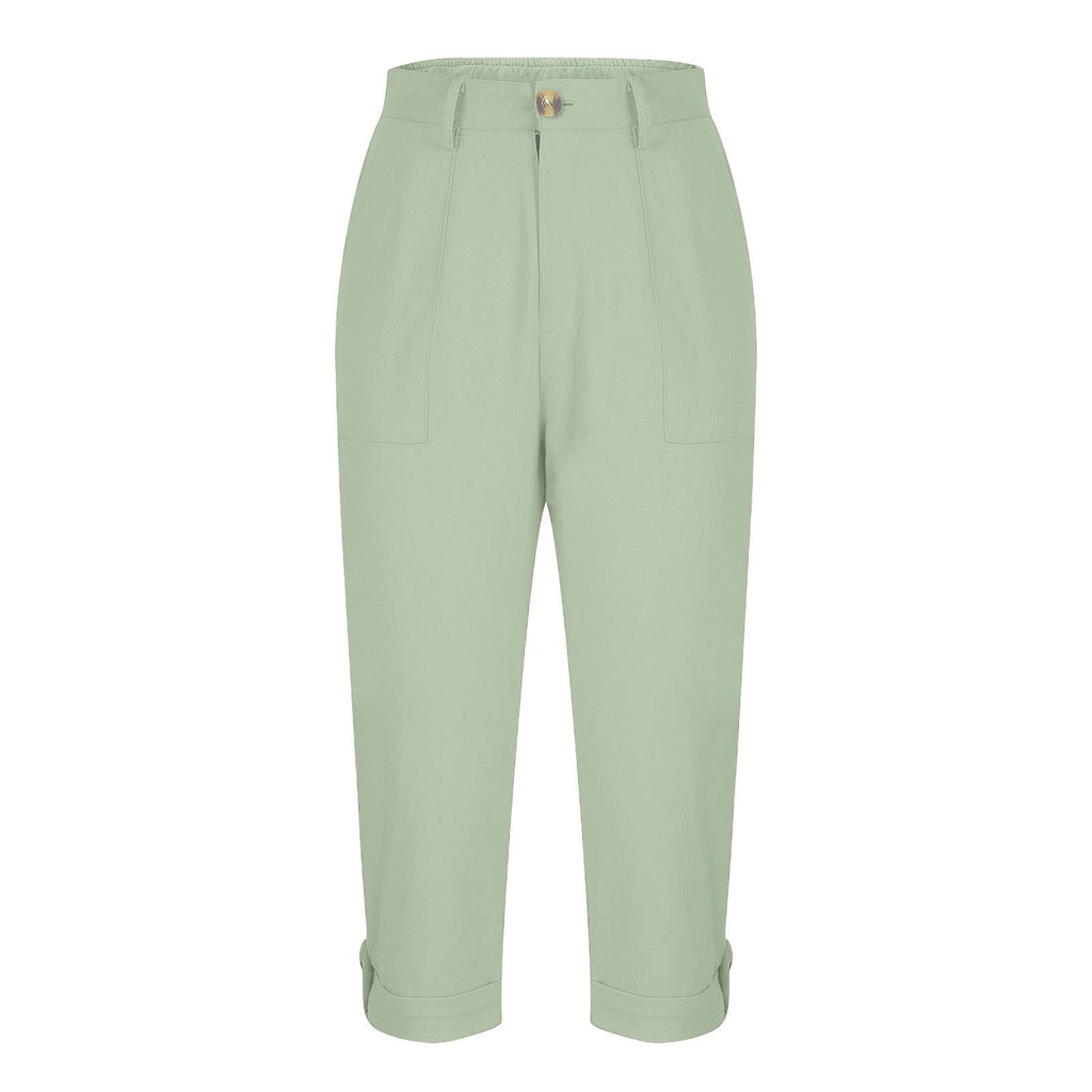 Womens Solid-color Buttoned Roll-up Capri Pants