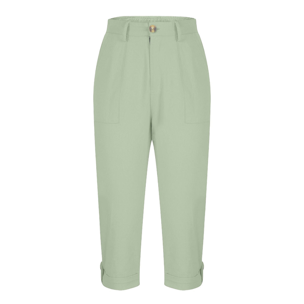 Womens Solid-color Buttoned Roll-up Capri Pants