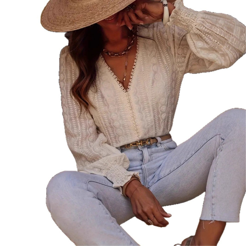Elegant Commuter-Style Fashion V-Neck Lace-Patchwork Long-Sleeve Shirt
