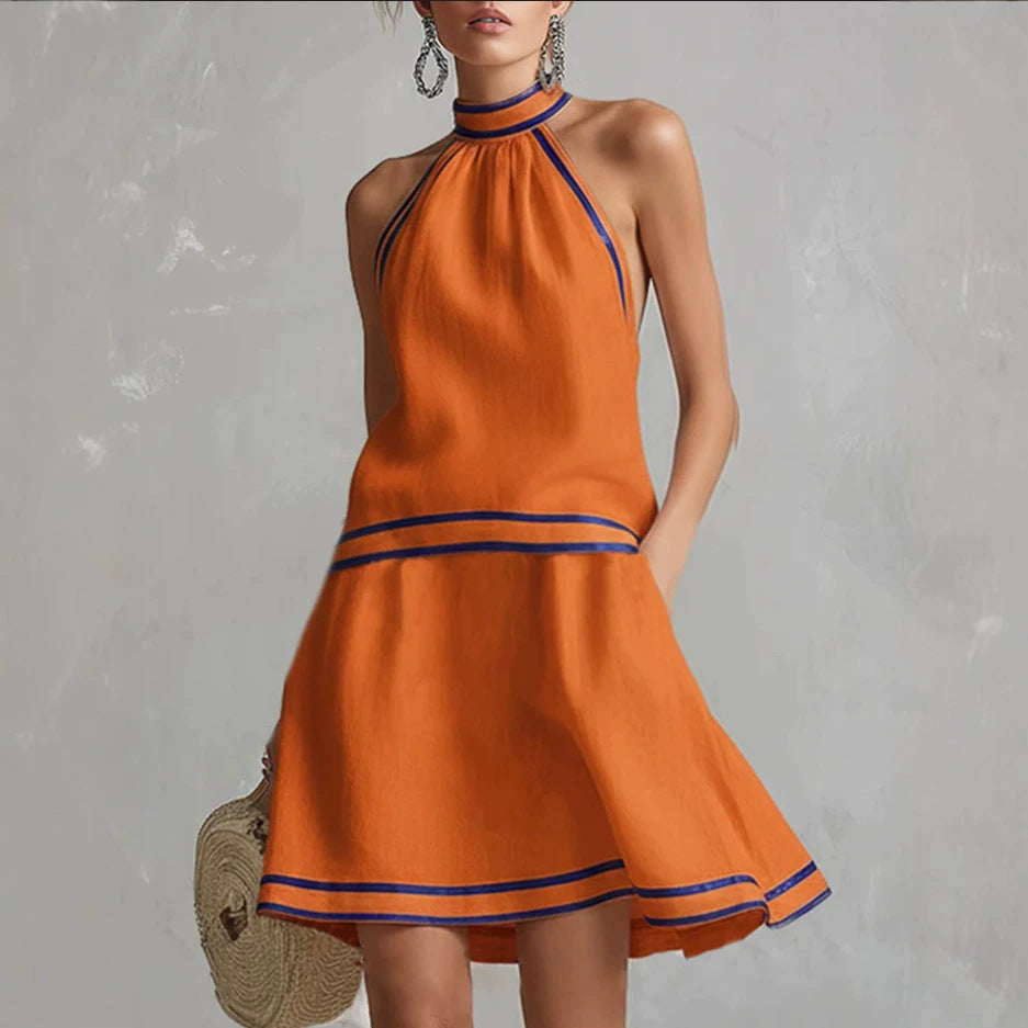 Women's Striped Trim Choker Neck Sleeveless Mini Dress