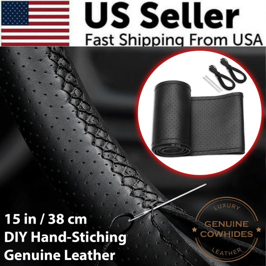 Genuine Leather Car Steering Wheel Cover Soft Anti slip Steering-Wheel Braid Cowhide Braid With Needles Thread Leather Steering Wheel Cover Heavy Duty Pure Cowhide Steering Wheel Cover, Genuine Leather Steering Wheel Cover (Copy)