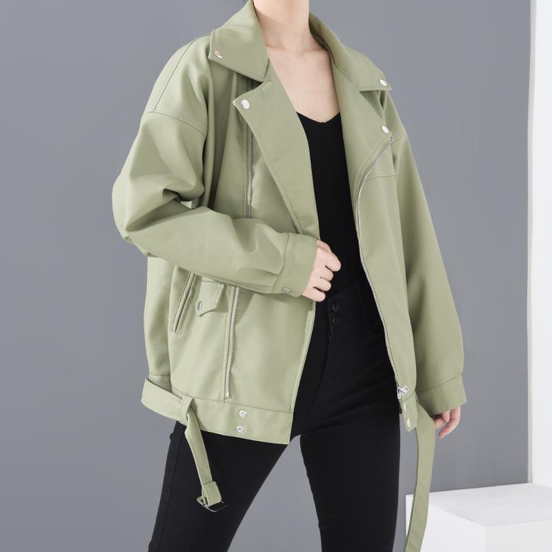 PU Faux Leather Jacket Women Loose Sashes Casual Biker Jackets Outwear Female Tops BF Style Black Leather Jacket Coat