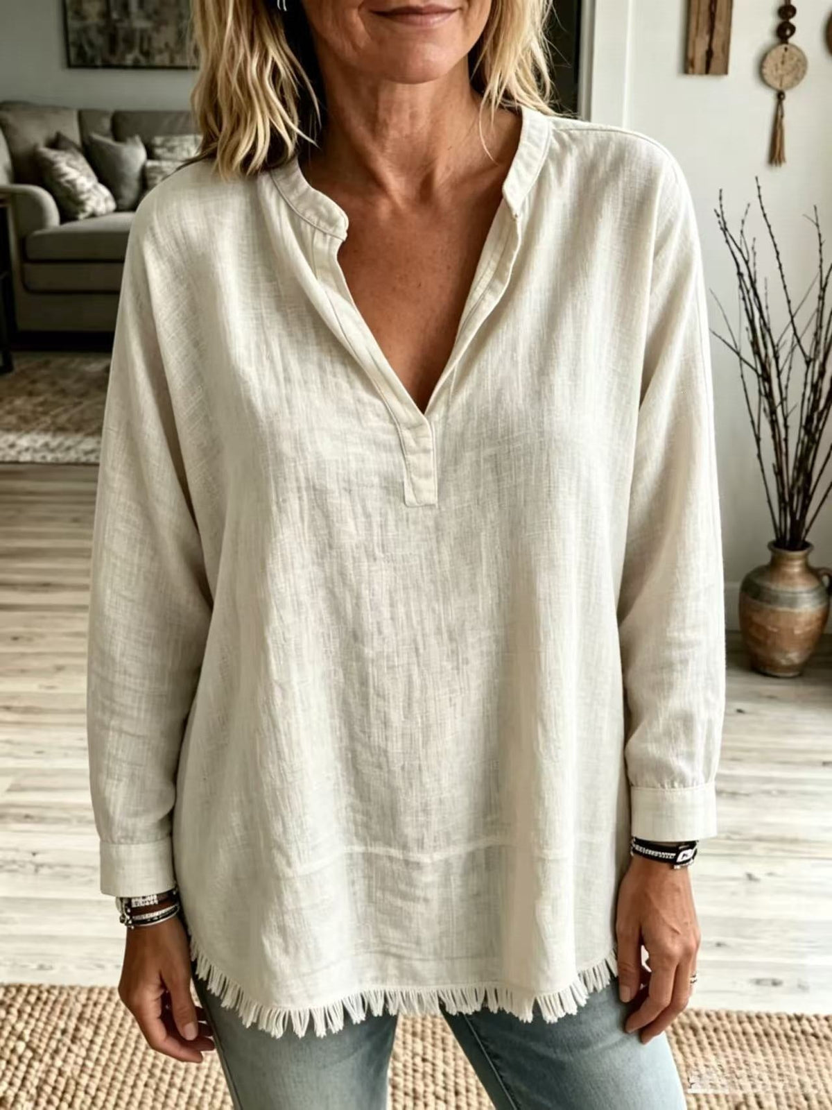 Women Solid Shirt Notch Collar V Neck Long Sleeve Tassel Fringe Hem Loose Casual Blouse Tops Spring Summer
