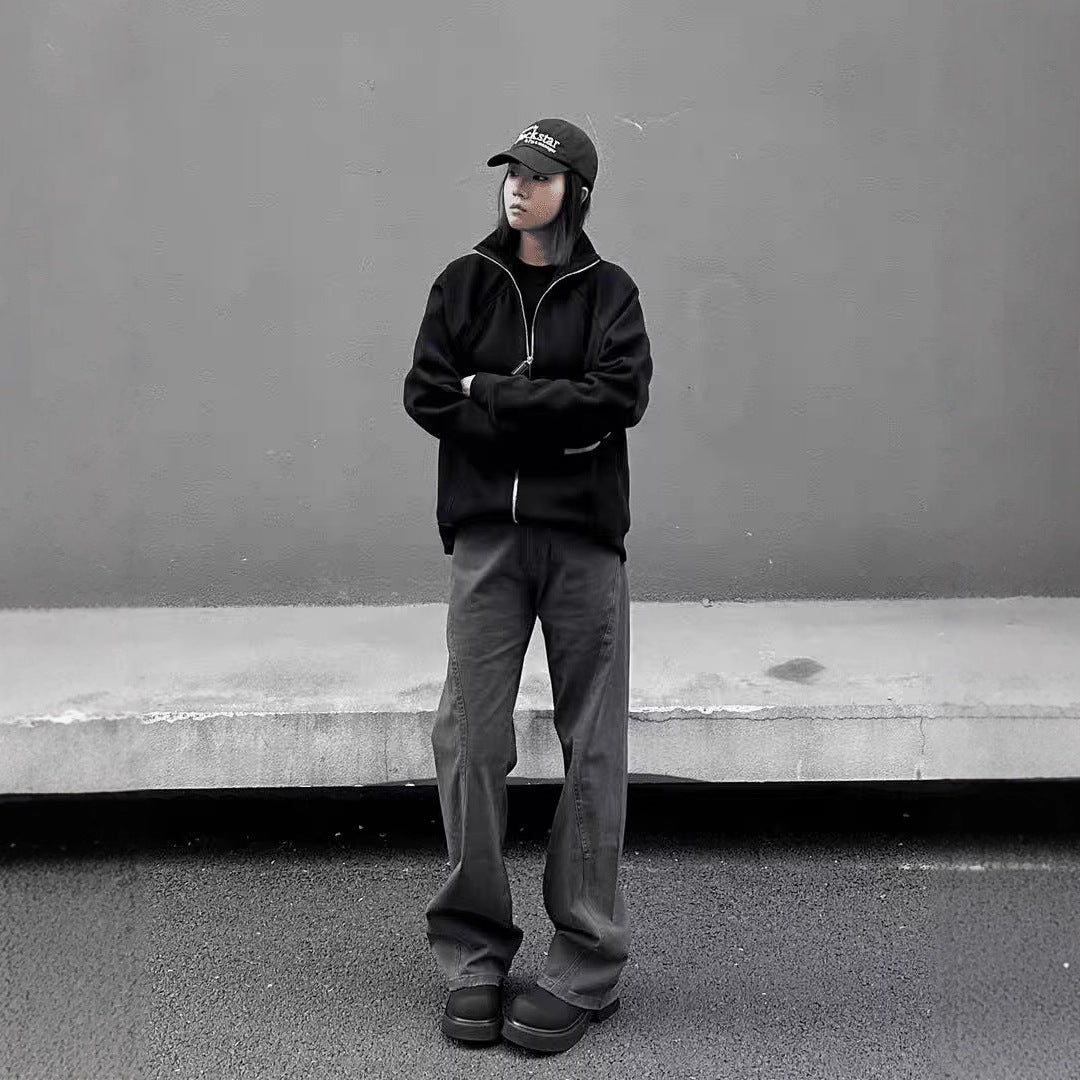 Retro Solid-color Curved-cut Stand-collar Zip-up Hoodie