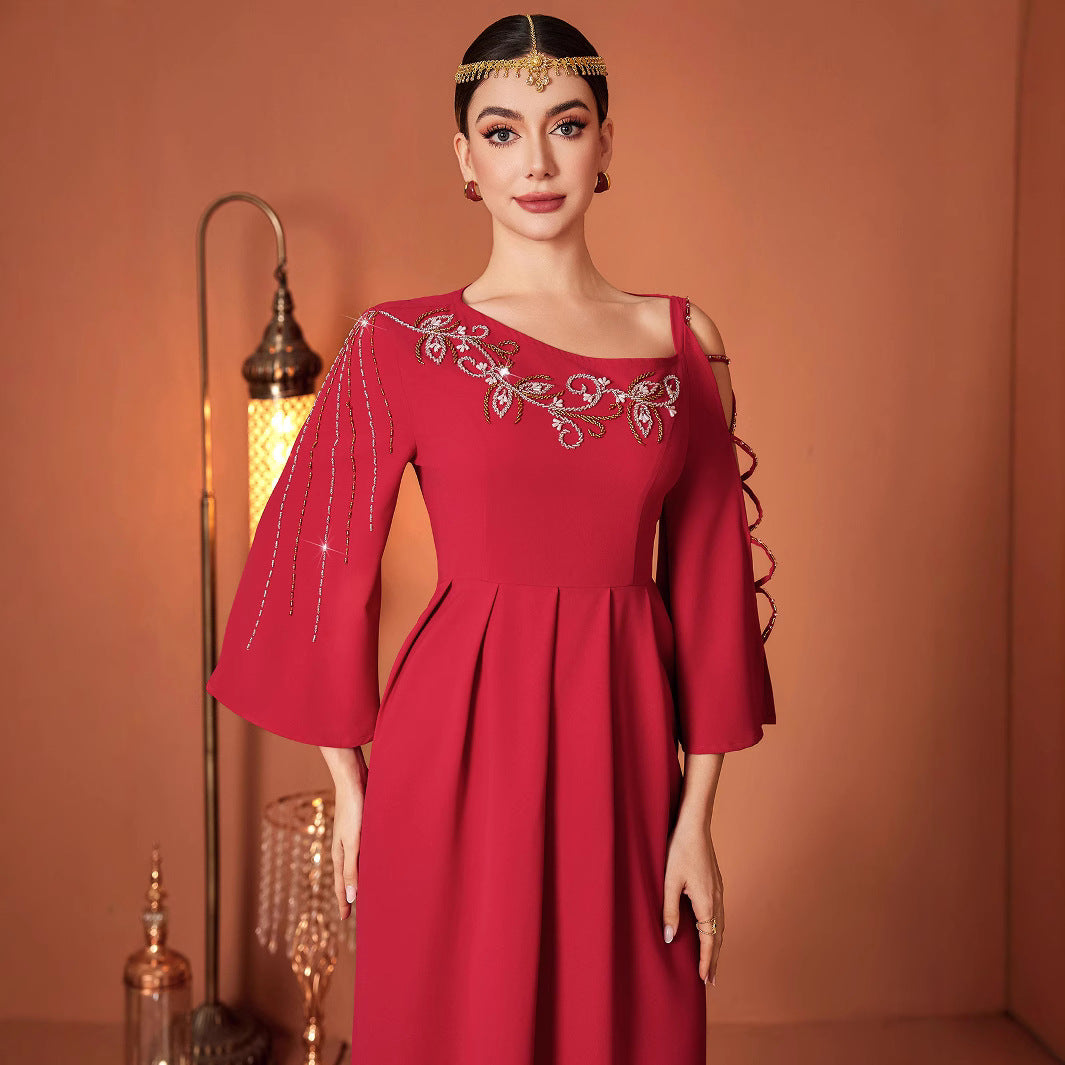 Red Designer Model Heavy Industry Hand Sewing Drill Off-the-shoulder Dress