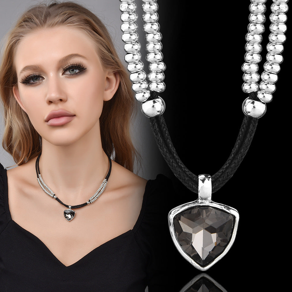 Two Layer Silver Bead Black Wax Cord Choker, Smoky Grey Heart Cubic Zirconia Punk Necklace, Y2K Cool Jewelry For European Spanish Women