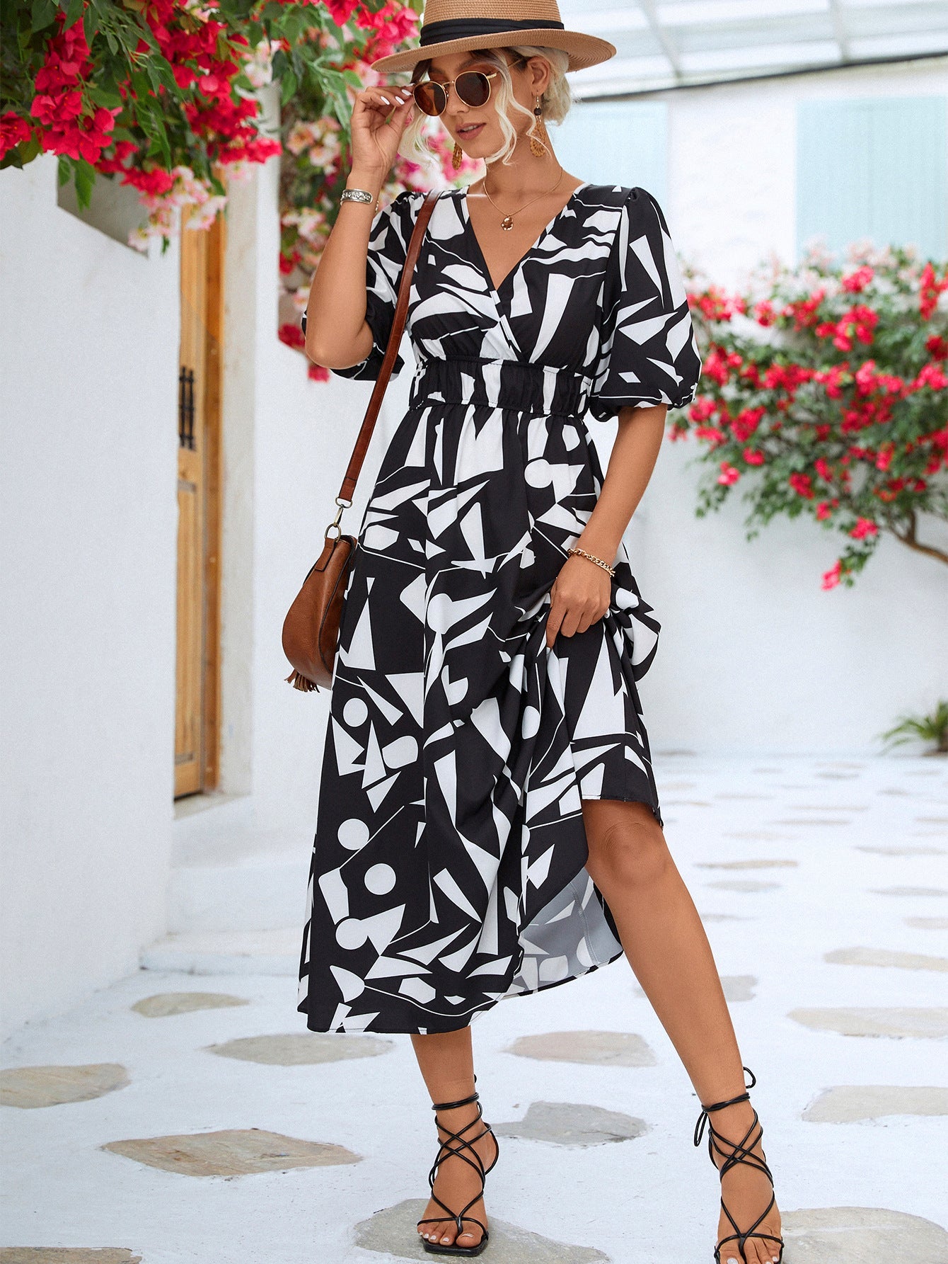 Black White Printed Balloon Sleeve Dress Elegant & Chic Casual Wear For Summer