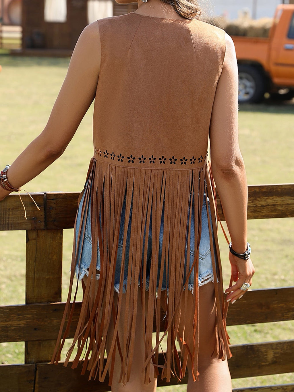 Hollow-out Sleeveless Stitching Suede Vest Jacket
