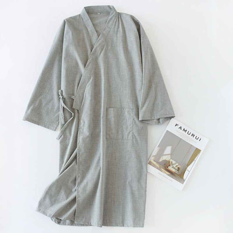 Men's Nightgown Woven Cotton Mid-length Home Bathrobe
