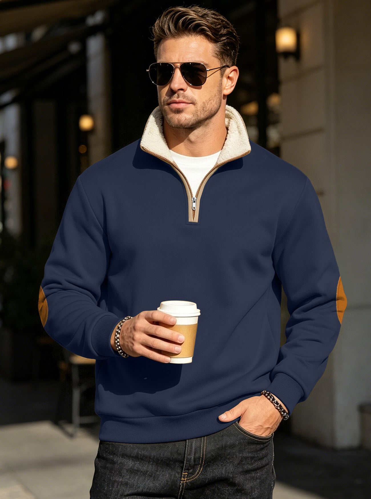 Retro Patchwork Embroidered Half-Placket Mens Long-Sleeve Sweatshirt