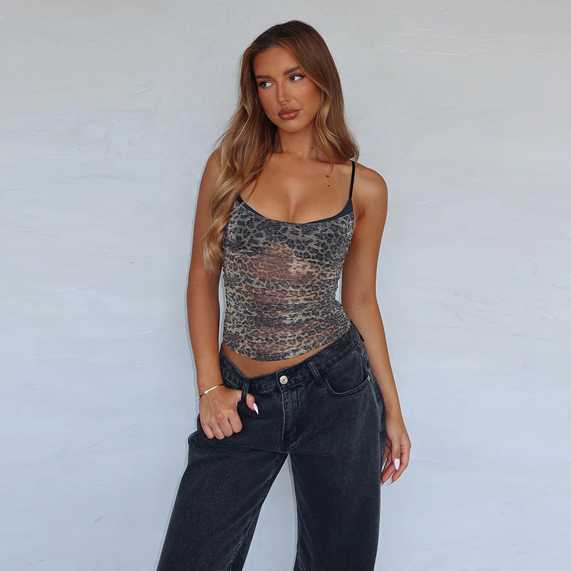 New Sexy Mesh Leopard-Print Fake Two-Piece Camisole Top