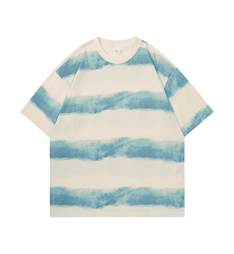 Tie-dye Washed Striped Short-Sleeve Mens Cotton T-Shirt