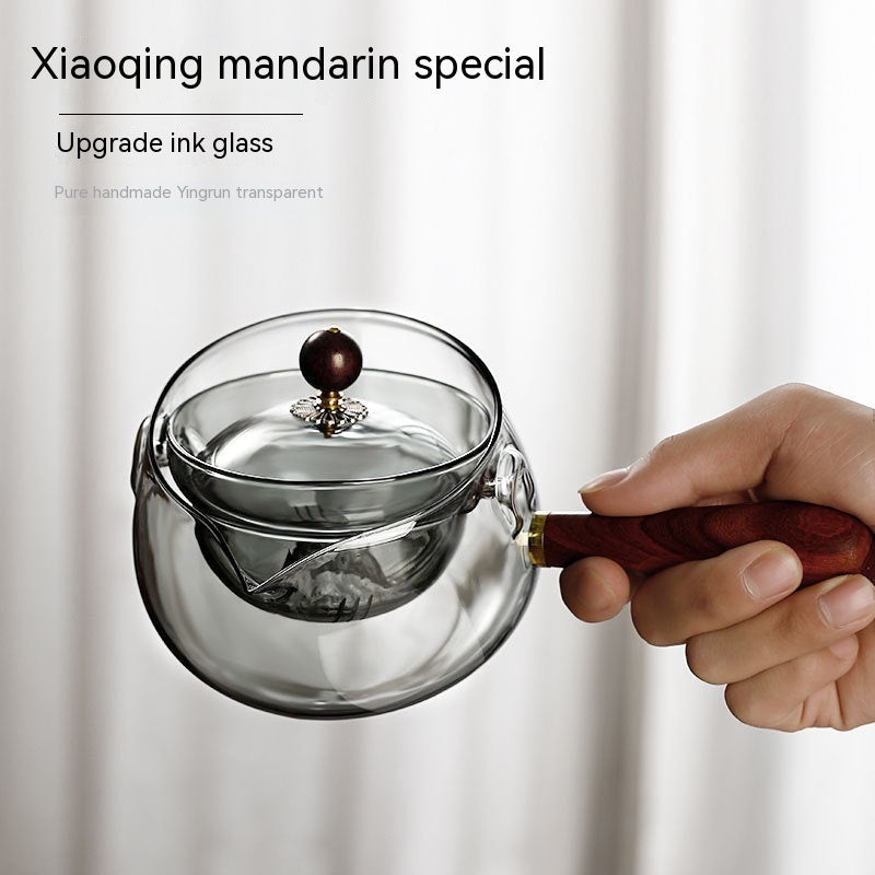 Rotary Glass Teapot with Infuser and Wooden Handle