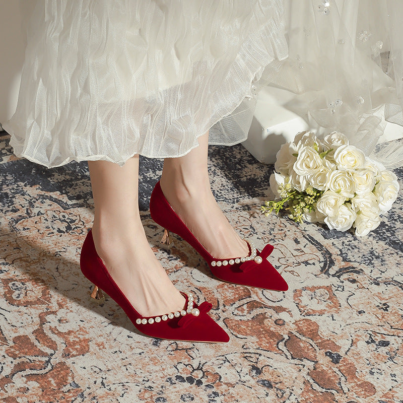 X586 Wedding Shoes Womens High-Heel Red Velvet Bridal Shoes For The Show-Hot Ceremony