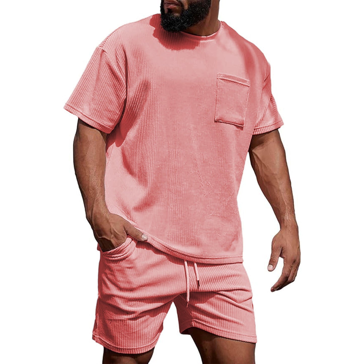 Mens Corduroy Casual Crew-Neck Shorts Set