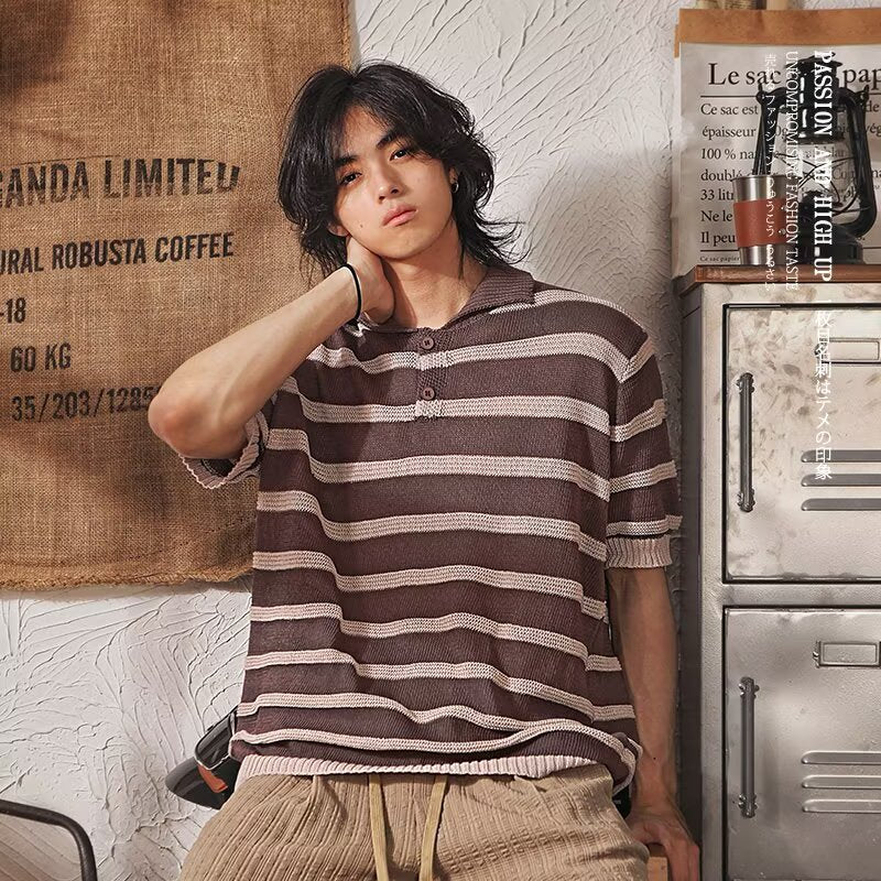 Men's Short-sleeved Loose Versatile Casual Lapel Stripe Top