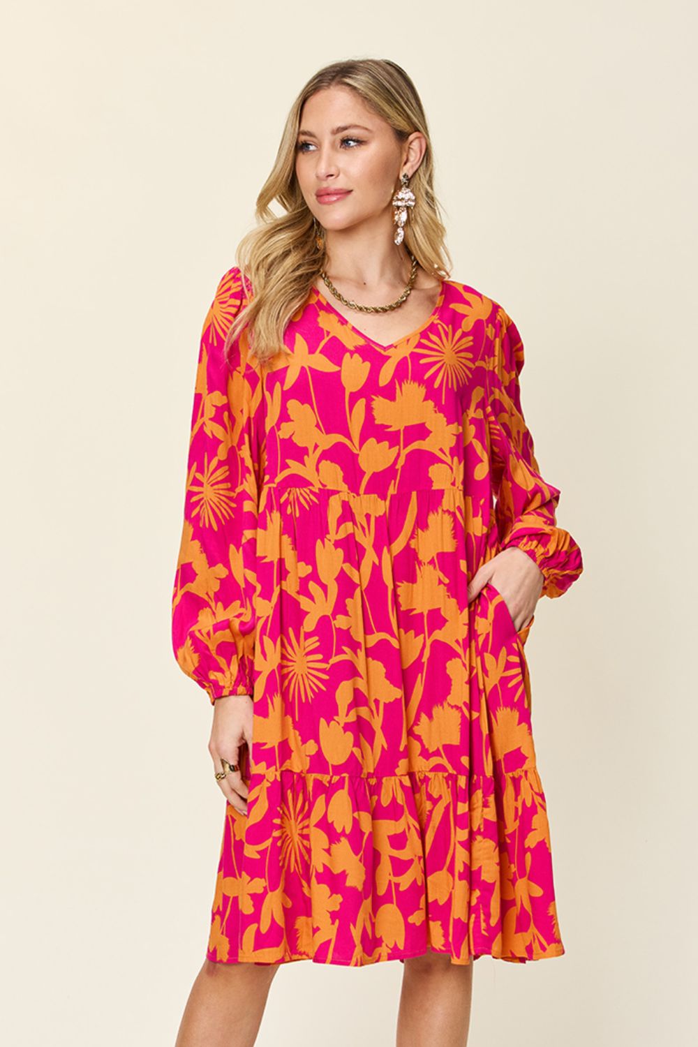 Double Take Full Size Printed Ruffle Hem Dress with Pocket Stylish & Functional Women Dress