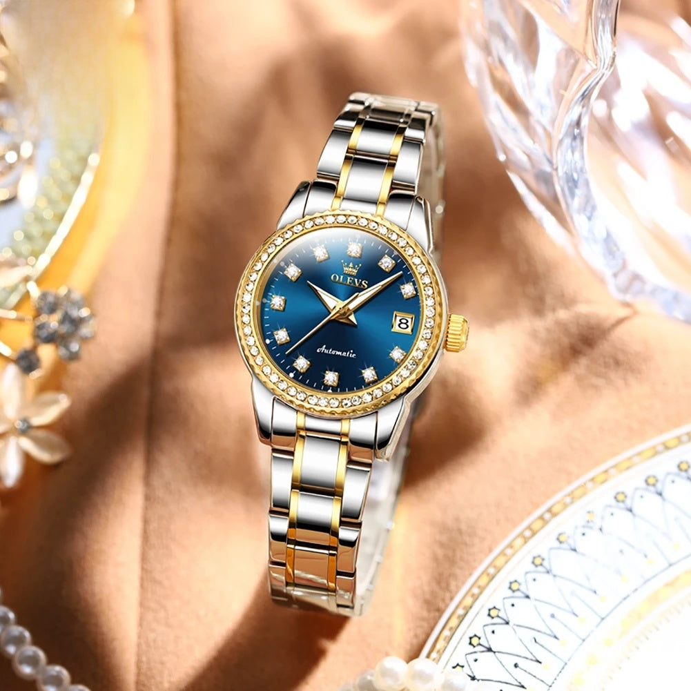Damen-Automatikuhr mit Diamantzifferblatt aus Edelstahl