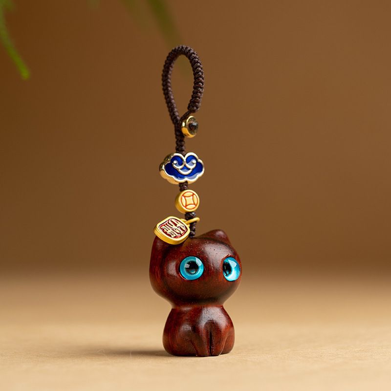Ebony-carved Cat Car Keychain Pendant Cute
