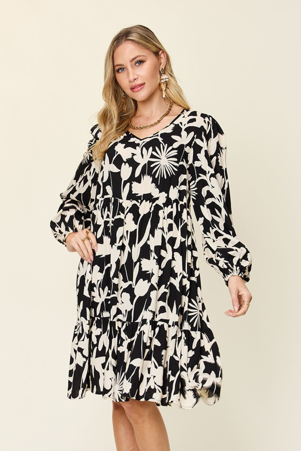 Double Take Full Size Printed Ruffle Hem Dress with Pocket Stylish & Functional Women Dress