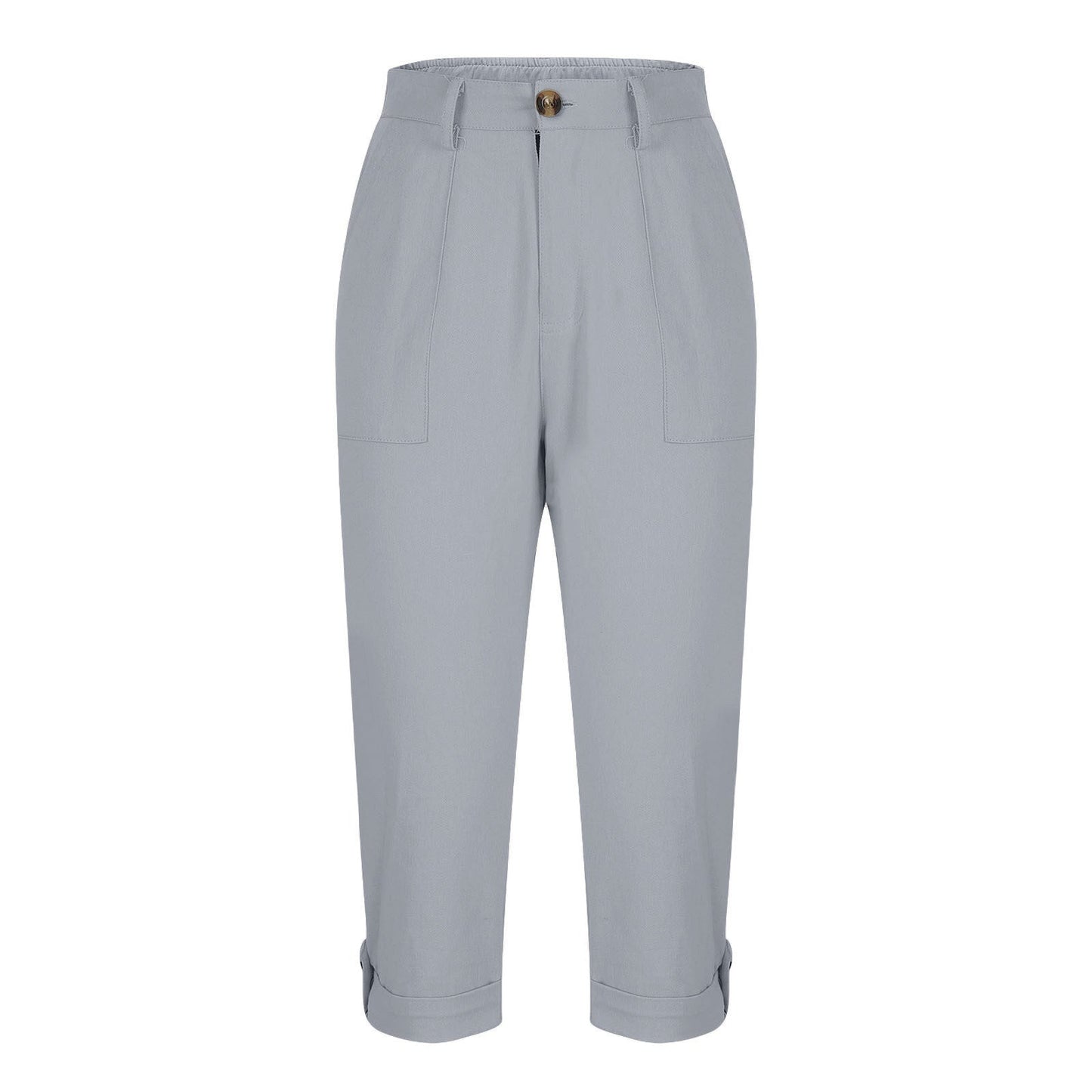 Cross-border Women's Solid Color Workwear Pants Waist Button Pants Ear Design Pants Leg Curled Women's Cropped Pants