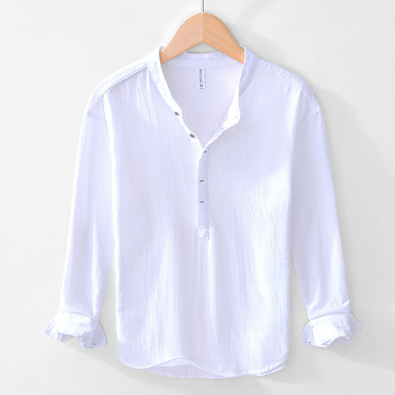 Chinese-style V-neck Pullover Cotton-linen Shirt