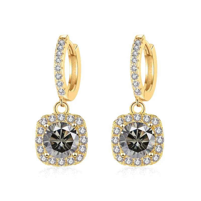 Colored Moissanite Cushion Halo Drop Hoop Earrings