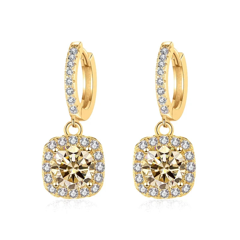 Colored Moissanite Cushion Halo Drop Hoop Earrings