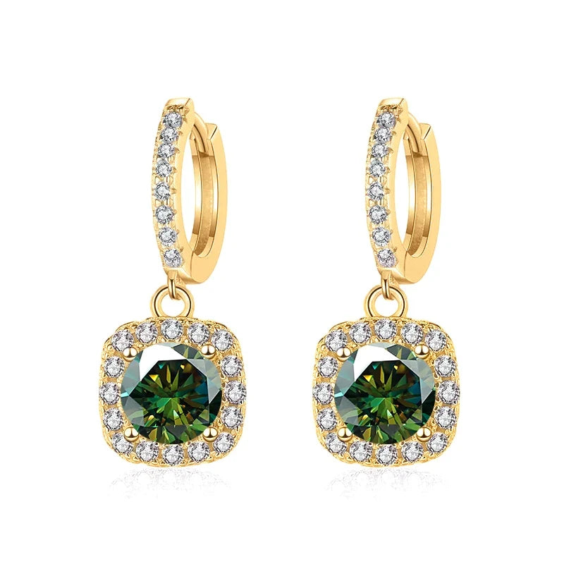 Colored Moissanite Cushion Halo Drop Hoop Earrings