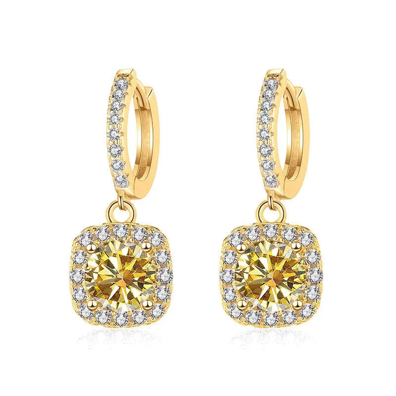 Colored Moissanite Cushion Halo Drop Hoop Earrings