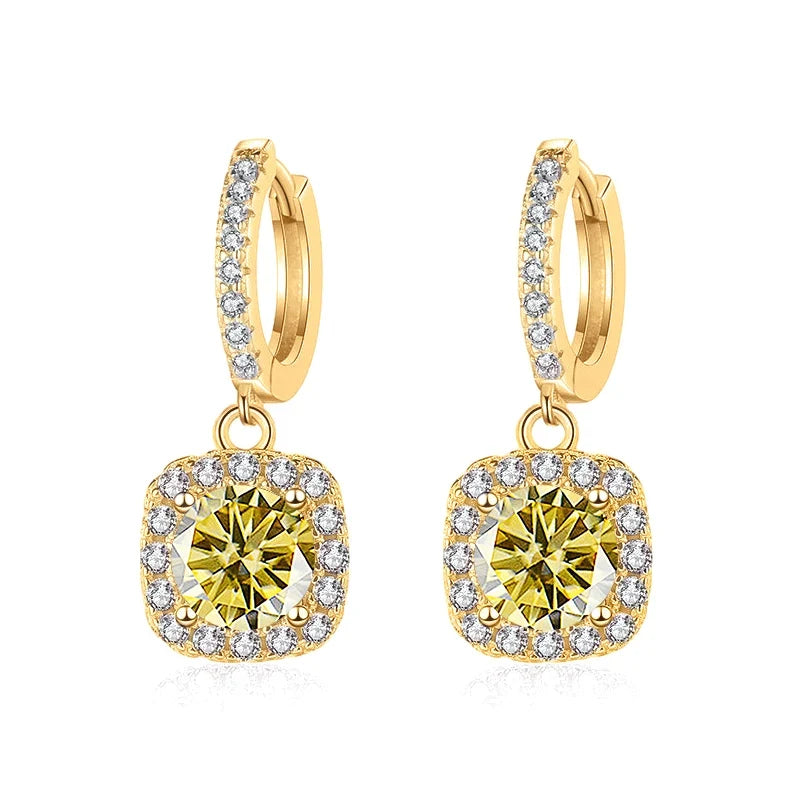 Colored Moissanite Cushion Halo Drop Hoop Earrings
