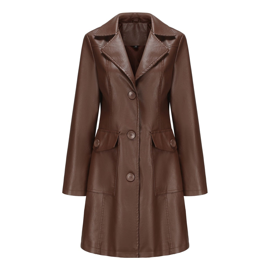 Long Leather Trench Coat Fashionable Outerwear For Women