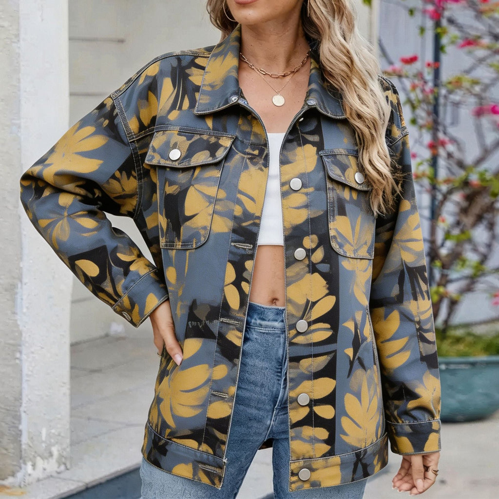 Women's Botanical Print Drop-Shoulder Denim Jacket