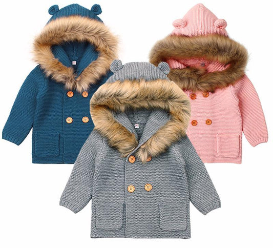 Modern Winter Warm Knit Cardigan Long Sleeve Hooded Sweaters for Newborn Infant Jacket And Coat Combination Clotes