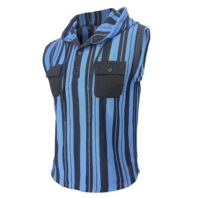 Men's Striped Sleeveless Hooded Vest Pocket
