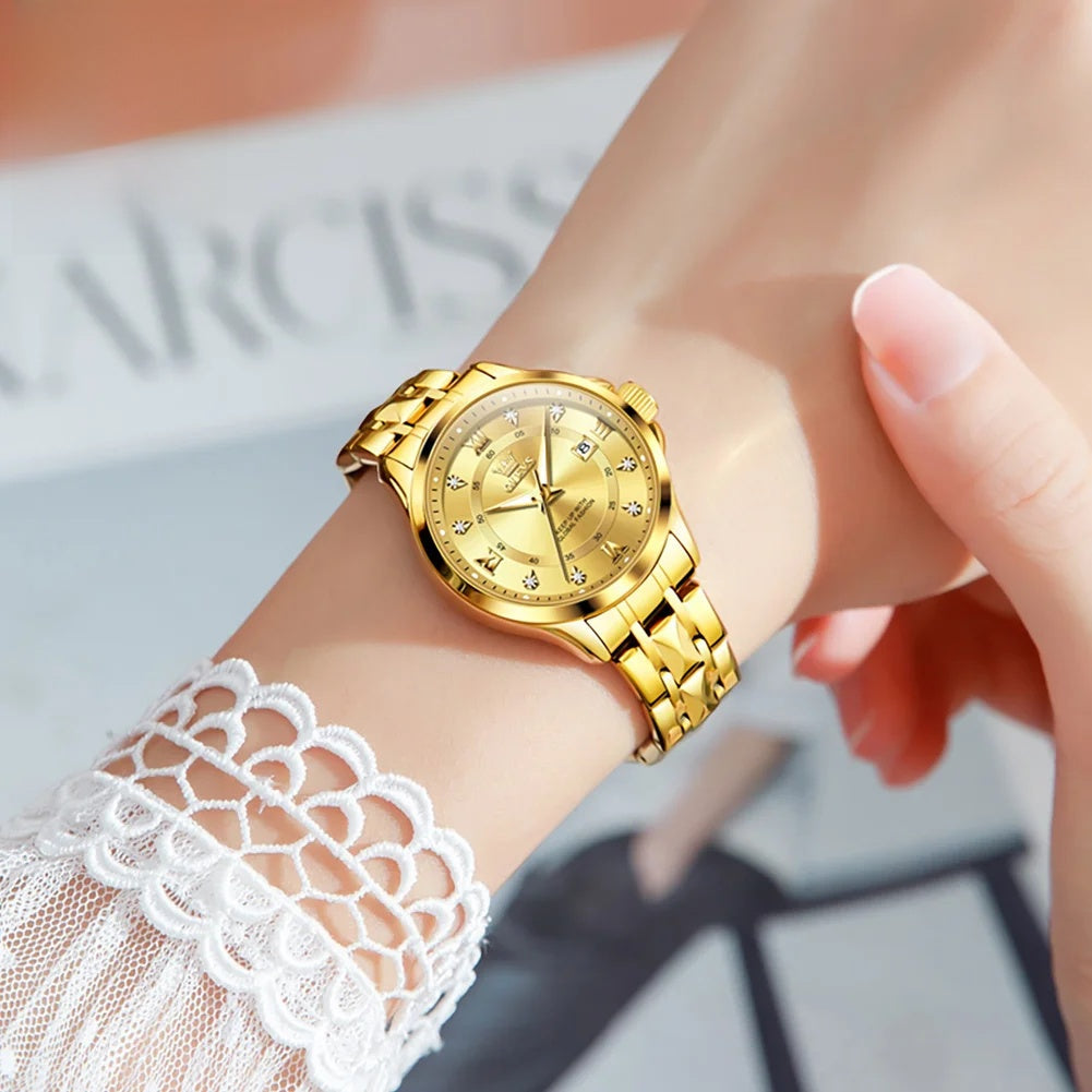 Damen Goldene Edelstahl-Armbanduhr mit kleinem Zifferblatt und Datumsanzeige