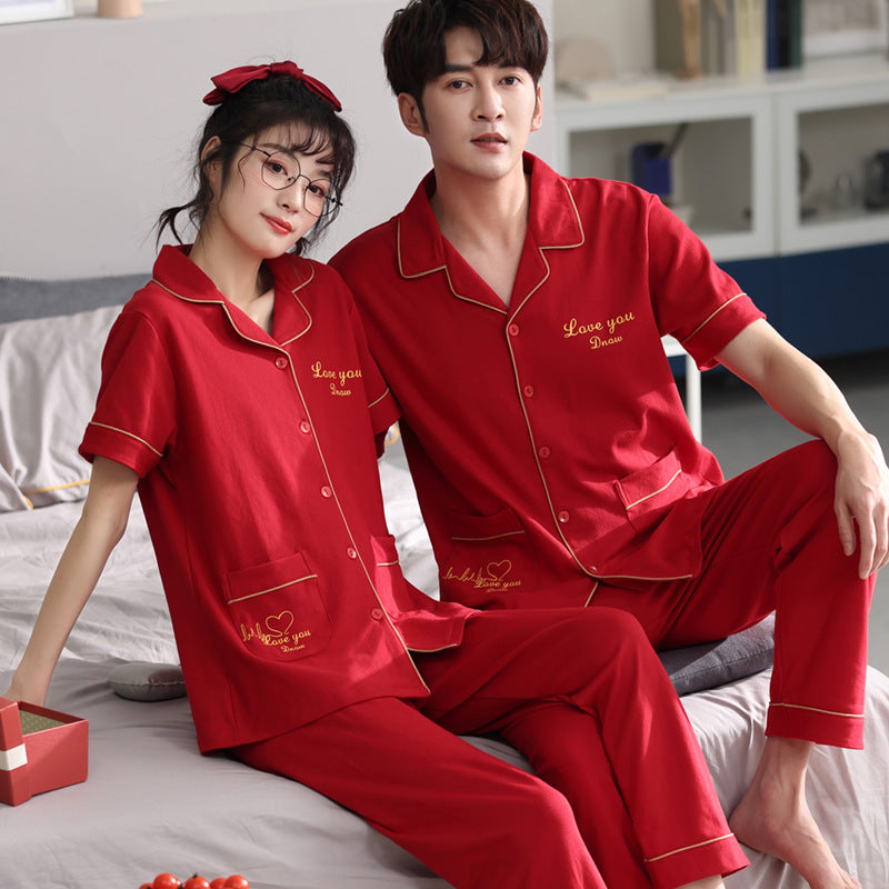 Couple Pajamas Men's Cotton Red Animal Year Trousers Short Sleeve Home Clothes Set