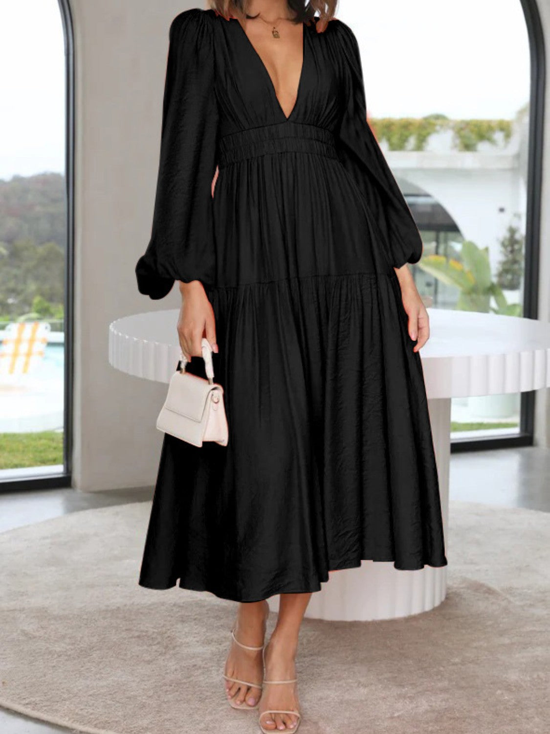 Lightweight Deep V-Neck Balloon Sleeve Maxi Dress Elegant & Flowing Silhouette Unique Dress